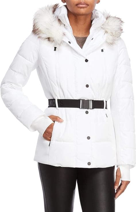 michael kors white jacket with belt|Michael Kors black puffer jacket.